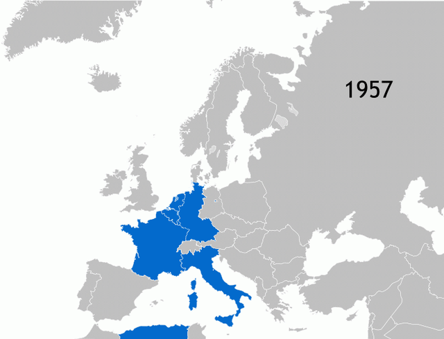 The continental territories of the member states of the European Union (European Communities pre-1993), animated in order of accession.