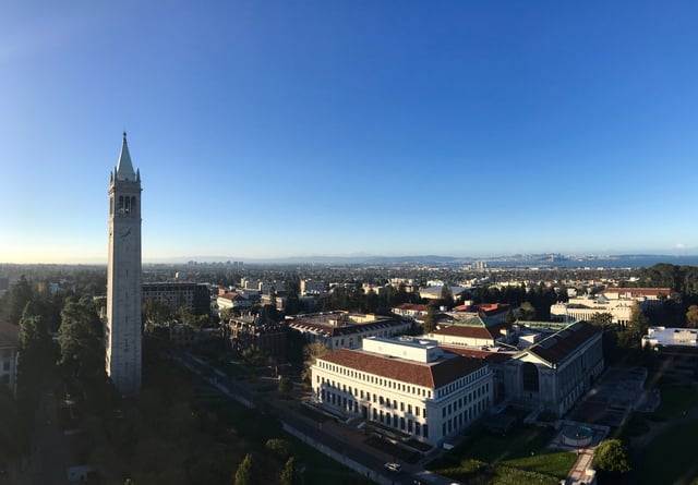 View of campus from Evans Hall, as San Francisco and Oakland are seen in the background