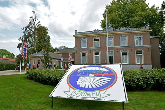 Former headquarters of the 501st Parachute Infantry Regiment 'Klondike' in Veghel. The insignia of the 101st Airborne Division can still be seen on the top of the facade