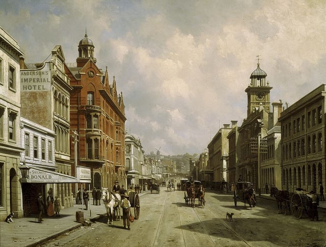 Queen Street (c.1889); painting by Jacques Carabain. Most of the buildings depicted were demolished during rampant modernisation in the 1970s.
