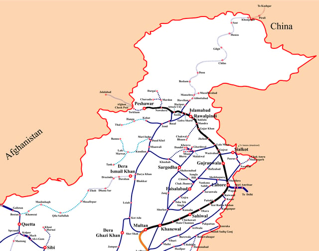 Phase 1 of the ML-1 overhaul and reconstruction is highlighted black between Peshawar and Lahore. Overhauling and reconstruction of the line will allow trains to travel at up to 160 kilometres per hour.
