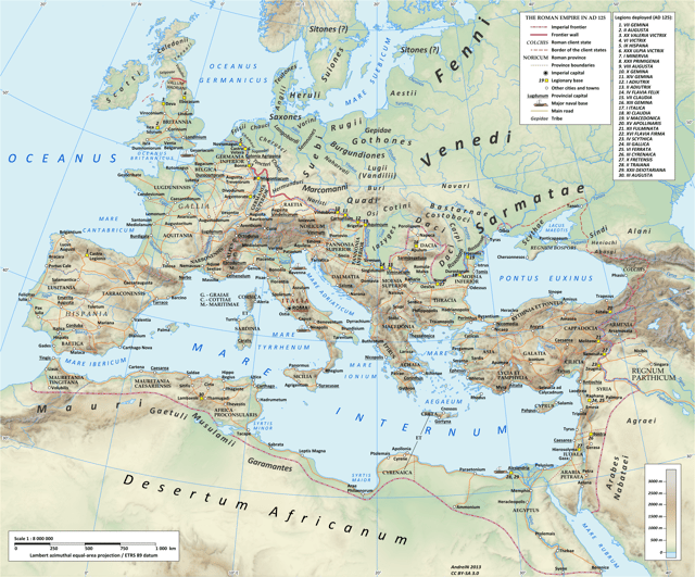 Map of the Roman Empire and contemporary indigenous Europe in 125 AD, showing the location of the Saxons in Northern Germany