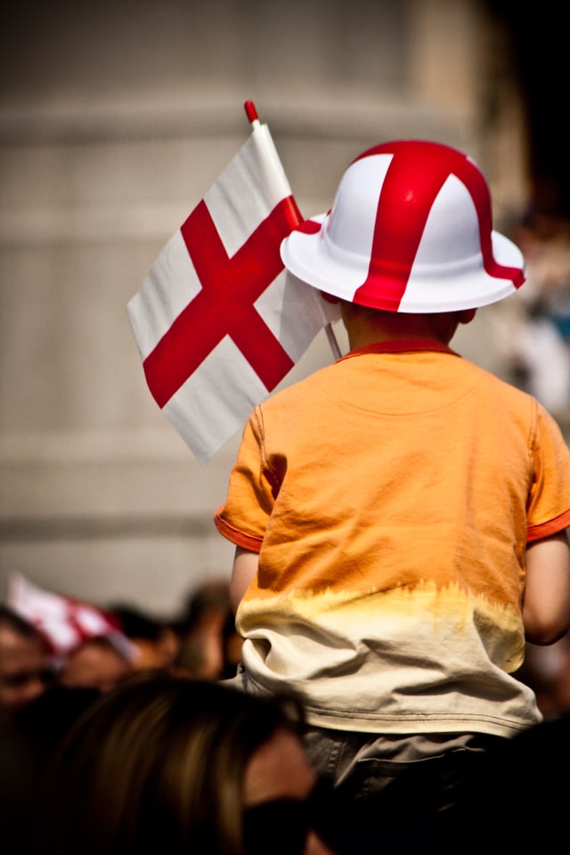 A child with an English flag and hat on St. George's Day
