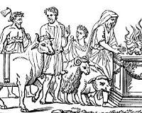 The procession of the *suovetaurilia *, a sacrifice of a pig, ram, and bull, led by a priest with his head ritually covered