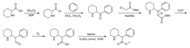 Method 3: Another synthesis route of methylphenidate which applies Darzens reaction to obtain aldehyde as an intermediate. This route is significant for its selectivity.