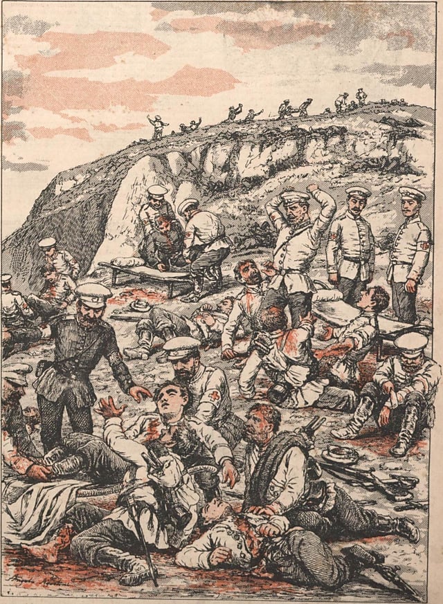 After the Battle of Liaoyang: Transport of wounded Russians by the Red Cross (Angelo Agostini)