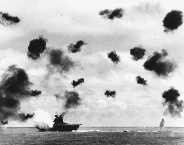 One of the two torpedo hits made by Hiryū's aircraft on Yorktown