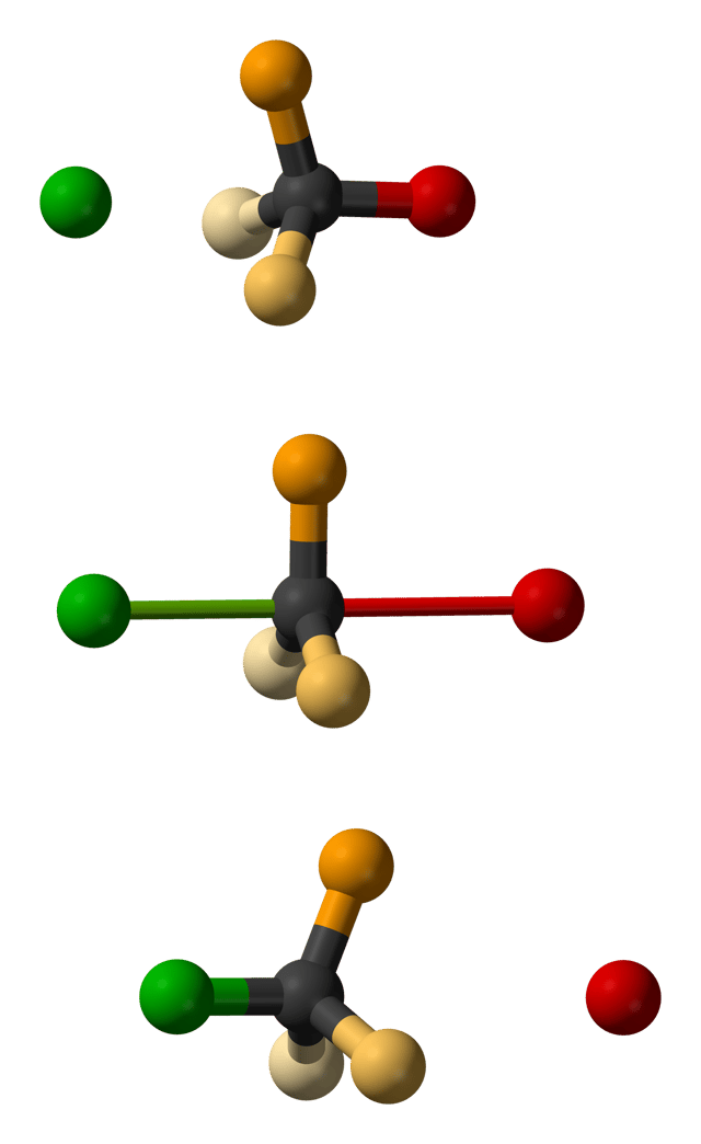 The three steps of an SN2 reaction. The nucleophile is green and the leaving group is red