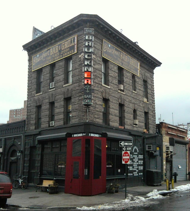 Looking east across Bruckner Blvd and Third Avenue at Bruckner Bar & Grill