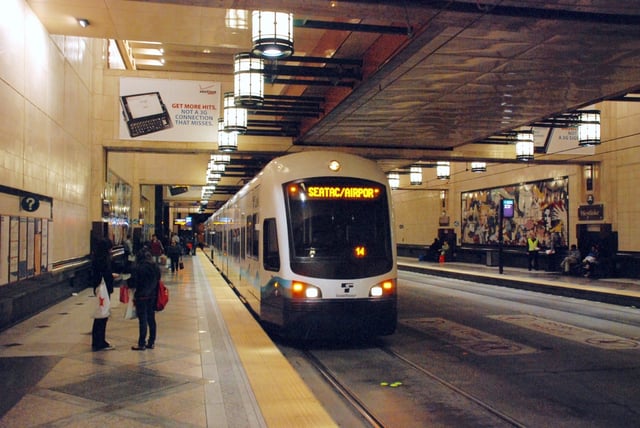 An airport-bound Link light rail train in the Downtown Seattle Transit Tunnel