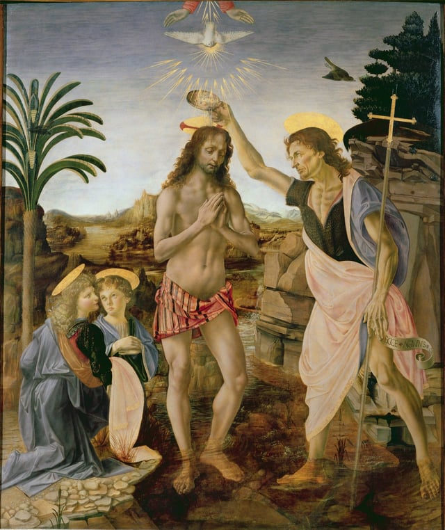 The Baptism of Christ (1472–1475), Uffizi, by Verrocchio and Leonardo