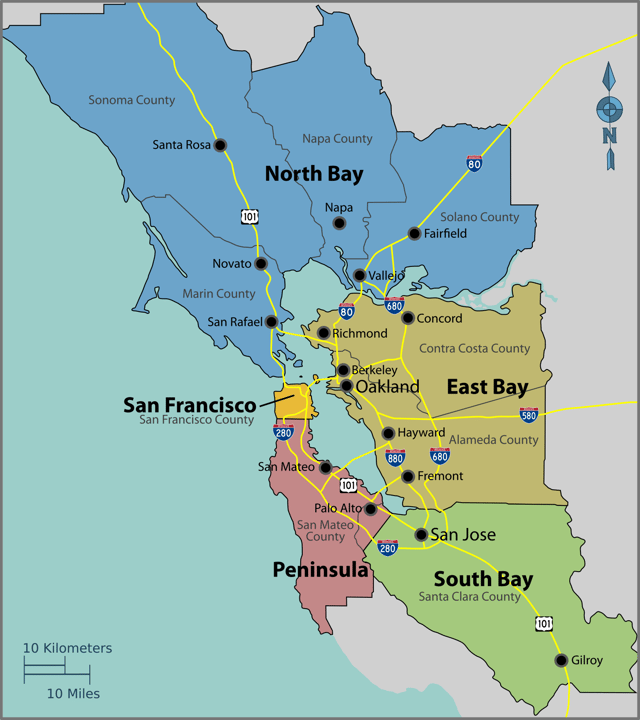 A map of the locally accepted nine-county definition of the Bay Area. Also displayed are the five subregions of the Bay Area, which are divided along county lines except for the northwestern portion of Santa Clara county.
