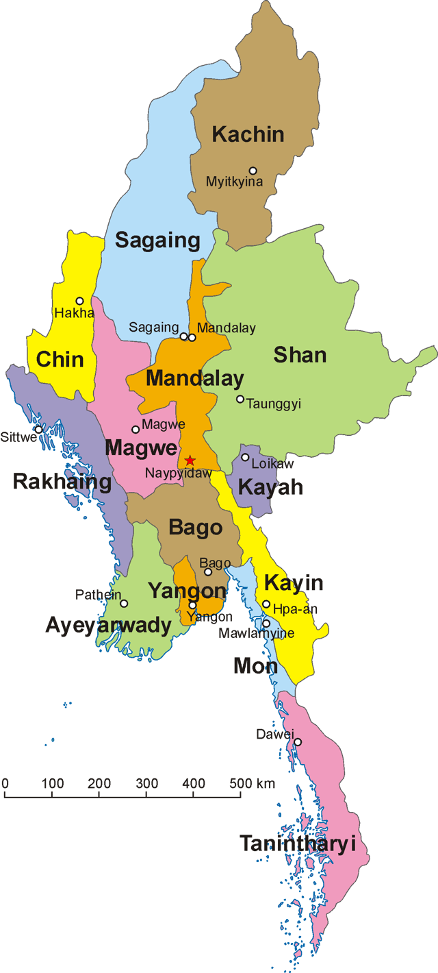 Map of Myanmar and its divisions, including Shan State, Kachin State, Rakhine State and Karen State.