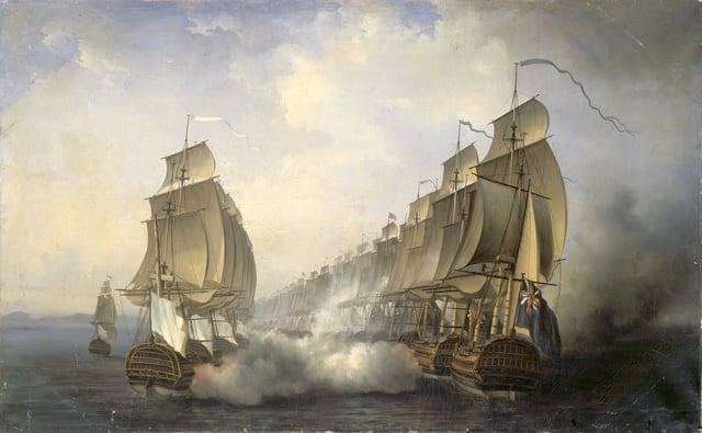 The British (right) and the French (left), with Admiral Suffren's flagship Cléopâtre on the far left, exchange fire at Cuddalore, by Auguste Jugelet, 1836.