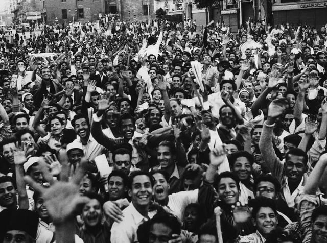 Crowd demonstrates against Britain in Cairo on 23 October 1951 as tension continued to mount in the dispute between Egypt and Britain over control of the Suez Canal and Anglo-Egyptian Sudan.