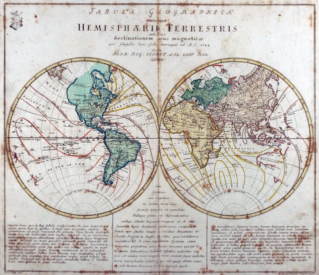 Engraved world map (including magnetic declination lines) by Leonhard Euler from his school atlas "Geographischer Atlas bestehend in 44 Land-Charten" first published 1753 in Berlin
