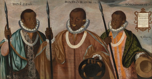 Three mulattomen from Esmeraldas (1599) by Andrés Sánchez Galque. Quito Painting Colonial School.