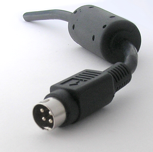 A male 4-pin "Kycon" power connector, which appears similar to a Mini-DIN connector
