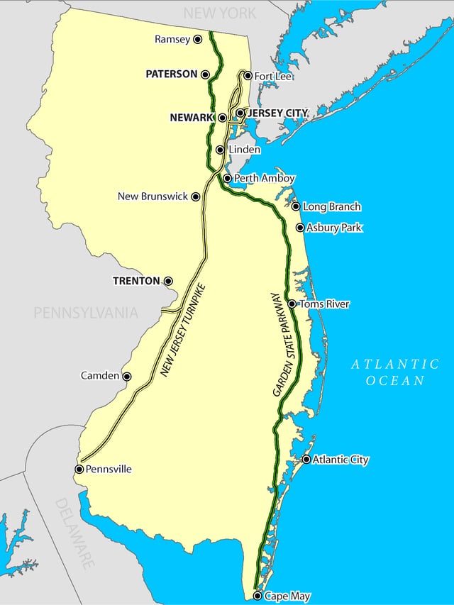 Map of New Jersey Turnpike and Garden State Parkway