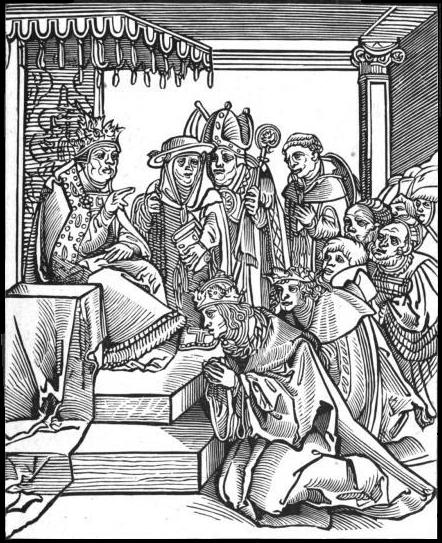 Antichristus, by the Lutheran Lucas Cranach the Elder. This woodcut of the traditional practice of kissing the pope's foot is from Passionary of the Christ and Antichrist.