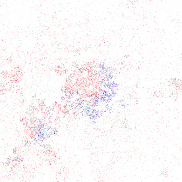 Map of racial distribution in Greensboro, 2010 U.S. Census. Each dot is 25 people: White, Black, Asian, Hispanic or Other (yellow)