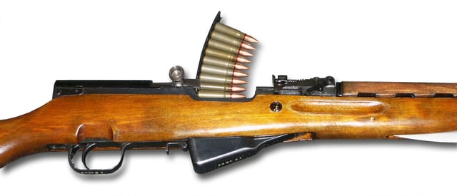 The SKS can be quickly reloaded using disposable 10-round stripper clips. Note that the safety is in the fire position