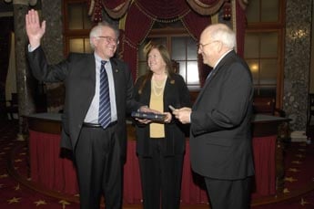Sanders being sworn in as a U.S. senator by then Vice President Dick Cheney in the Old Senate Chamber, January 2007