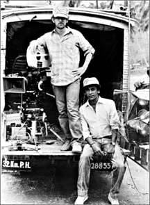 Steven Spielberg and Chandran Rutnam on a location in Sri Lanka during the filming of Indiana Jones and the Temple of Doom.