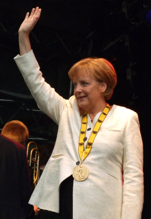 Chancellor of Germany Angela Merkel, wearing the Charlemagne Prize awarded to her in 2008