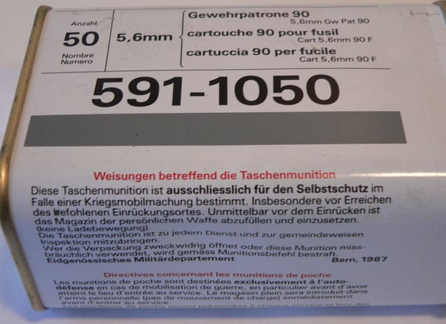 Ready ammunition of the Swiss Army. Soldiers equipped with the SIG 550 assault rifle used to be issued 50 rounds of ammunition in a sealed can, to be opened only upon alert and for use while en route to join their unit. This practice was stopped in 2007.