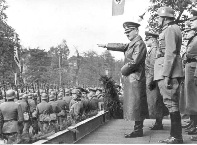 Hitler attends a Wehrmacht victory parade in Warsaw on 5 October 1939