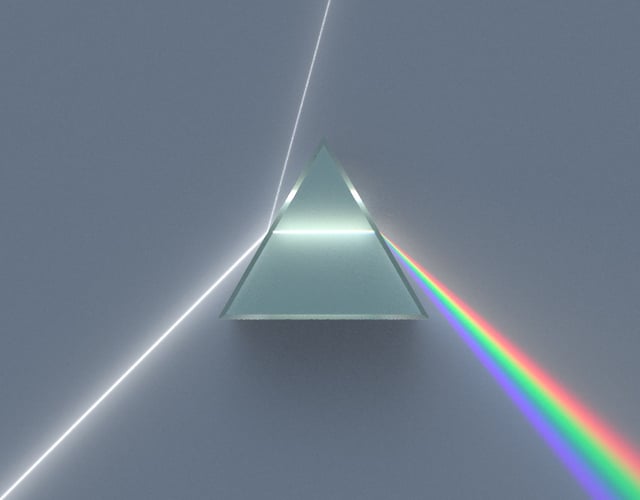 Illustration of a dispersive prism separating white light into the colours of the spectrum, as discovered by Newton