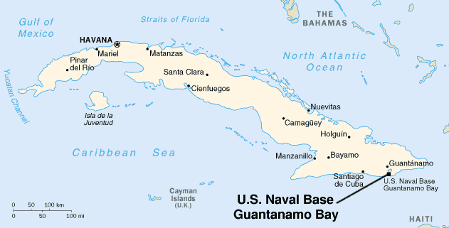 Map of Cuba with location of Guantánamo Bay indicated.