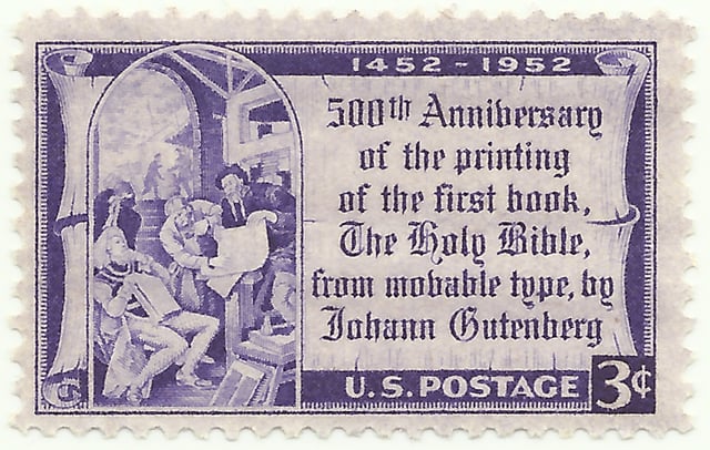 United States Postal Service stamp issued in 1952 commemorating the 500th anniversary of Gutenberg's first printed Bible