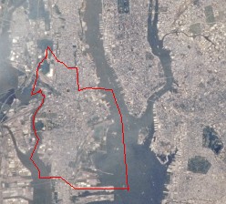 Image of Jersey City taken by NASA (red line demarcates the municipal boundaries of Jersey City)