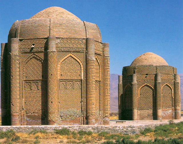 The Kharaghan twin towers, built in 1067, Persia, contain tombs of Seljuq princes.