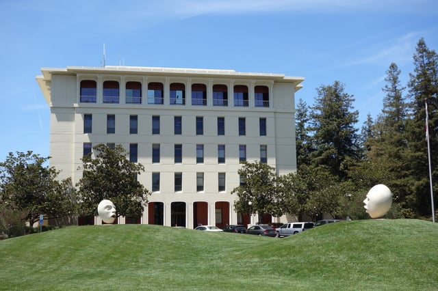 Two "Egghead" statues on the south lawn of Mrak Hall