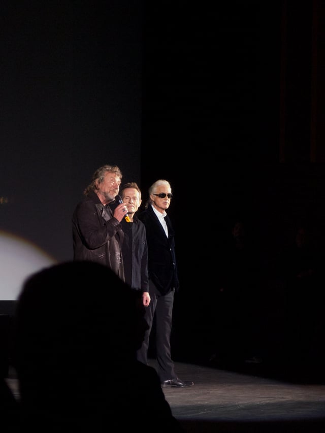 Led Zeppelin answering questions at the film premiere of Celebration Day at the Hammersmith Apollo in London, October 2012