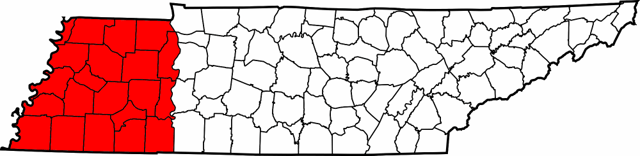 Map of Tennessee highlighting West Tennessee