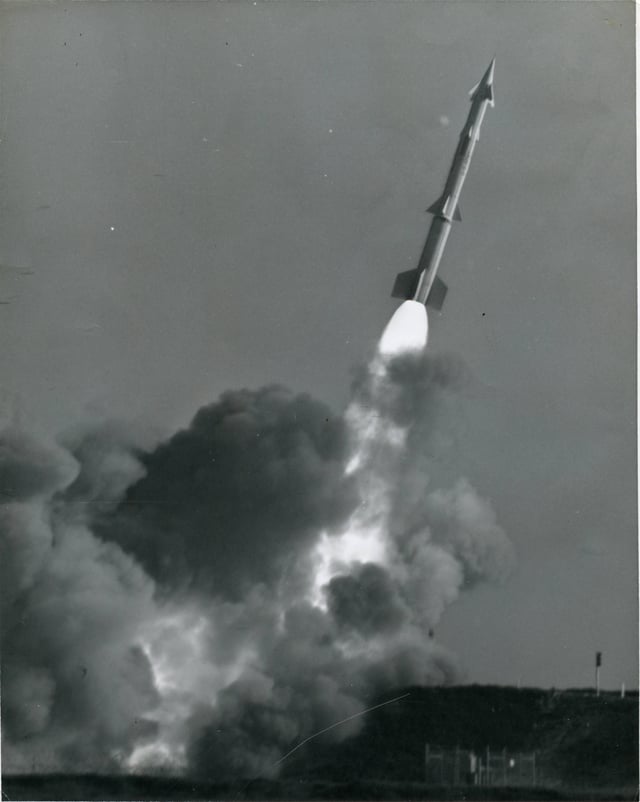 A Nike Zeus B missile is launched from the Pacific Missile Range at Point Mugu on 7 March 1962. This was the ninth launch of a Zeus from the Pt. Mugu site, today known as Naval Base Ventura County.