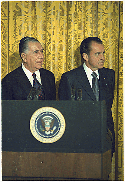 Presidents Emílio G. Médici (left) and Richard Nixon, December 1971. A hardliner, Médici sponsored the greatest human rights abuses of Brazil's military regime. During his government, persecution and torture of dissidents, harassment against journalists and press censorship became ubiquitous. A 2014 report by Brazil's National Truth Commission states that the United States of America was involved with teaching the Brazilian military regime torture techniques.