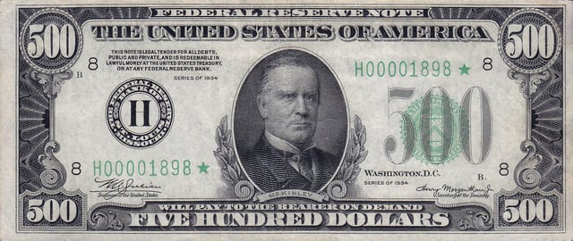Obverse of rare 1934 $500 Federal Reserve Note, featuring a portrait of President William McKinley.