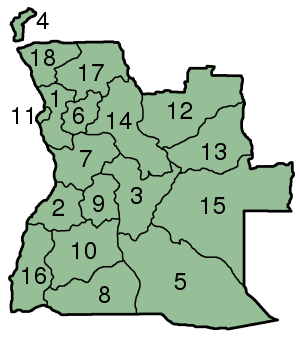 Map of Angola with the provinces numbered
