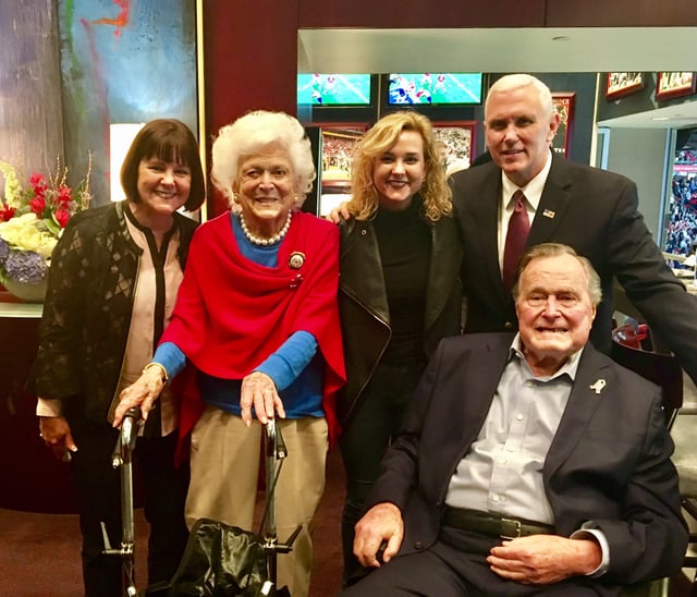 Mike, Karen and Charlotte Pence with former President George H. W. Bush and former First Lady Barbara Bush at Super Bowl LI, 2017