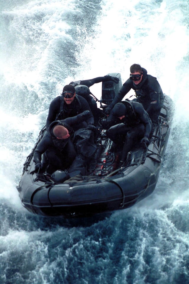 SEAL Team 5 conducts an exercise in a Combat Rubber Raiding Craft in 2000.