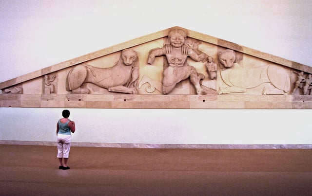 The Gorgon as depicted on the western pediment from the Temple of Artemis, on display at the Archaeological Museum of Corfu.