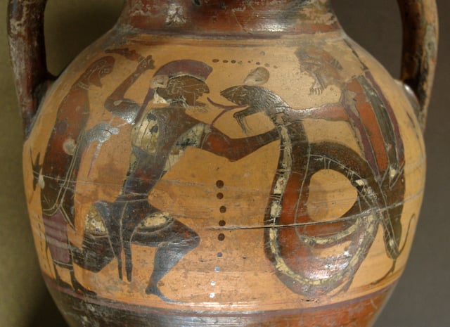 Cadmus fighting the dragon. Side A of a black-figured amphora from Eubœa, c. 560 – 550 BC, Louvre
