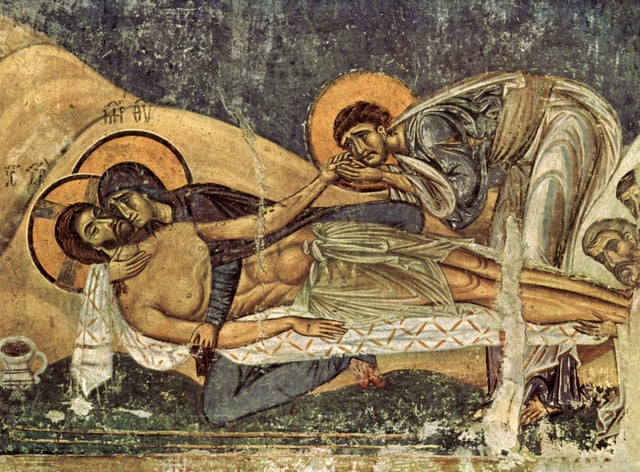 The Lamentation of Christ (1164), a fresco from the church of Saint Panteleimon in Nerezi, North Macedonia, considered a superb example of 12th-century Komnenian art