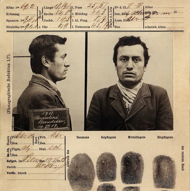 Mussolini's booking file following his arrest by the police on 19 June 1903, Bern, Switzerland