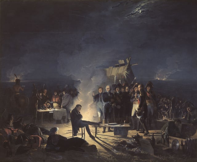 Napoleon snatches a moment's rest on the battlefield of Wagram, his staff and household working around him